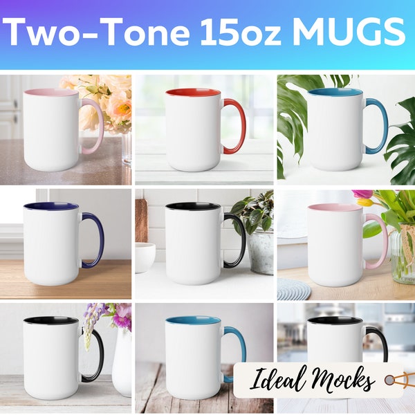 15 oz Two Tone Coffee Mugs Mockup Bundle White Cups with Black Red Blue Light Blue Pink Handle Glossy Finish Accent Coffee Mug Mockups JPG