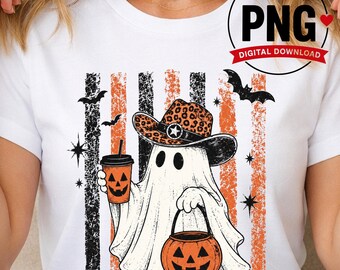 PNG Halloween design for POD, Sublimation, Clipart, Tshirt, Swatshirt, Trendy Ghost Cowboy designs  (Instant Download)