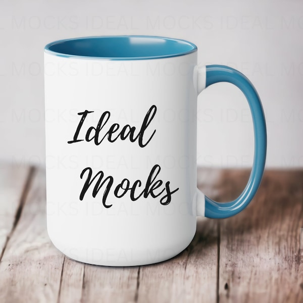 15oz Light Blue Two Tone Coffee Mug Mockup White Mug with Blue Handle Blank Ceramic Coffee Cup Mock up Glossy Finish JPG