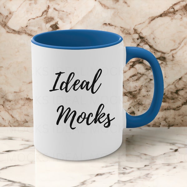 11oz Blue Accent Coffee Mug Mockup White Mug with Blue Handle Blank Ceramic Coffee Cup Mock up