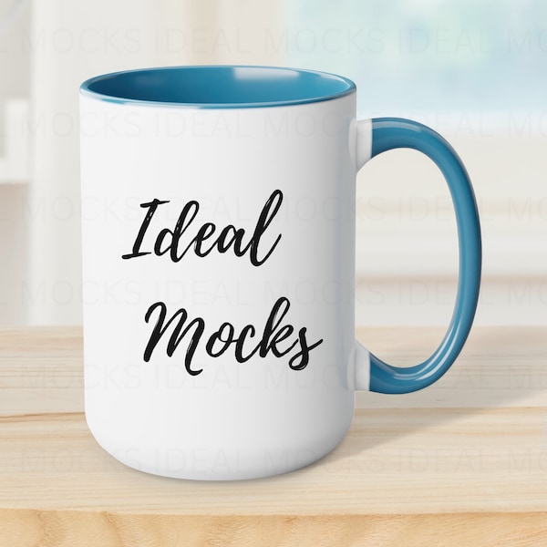 15oz Light Blue Two Tone Coffee Mug Mockup White Mug with Blue Handle Blank Ceramic Coffee Cup Mock up Glossy Finish JPG