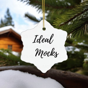 Snowflake Christmas Ornament Mockup Gold String Holliday Blank White Ceramic Tree Ornament Mock up Printify JPG