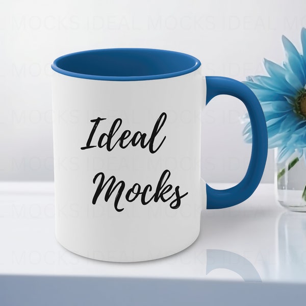 11oz Blue Accent Coffee Mug Mockup White Mug with Blue Handle Blank Ceramic Coffee Cup Mock up