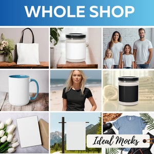 Whole Shop Mockup Bundle Bella Canvas 3001 Mockups Candle Mocks AOP Tote Bags Mug Mock-ups Lifetime Access Entire Mega Store Ideal Mocks