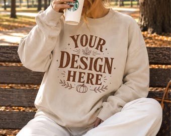 Sand Gildan 18000 Sweatshirt Fall Mockup Oversized Cozy Autumn G1800 Model Mockups