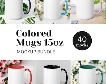 15 oz Two Tone Coffee Mugs Mockup Bundle White Cups with Black Red Blue Light Blue Pink Handle Glossy Finish Accent Coffee Mug Mockups JPG