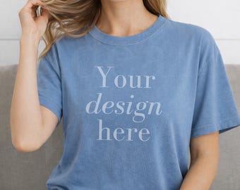 Blauer Baumwollstoff Comfort Colors 1717 Mockup CC1717 Shirt Model Mock ups
