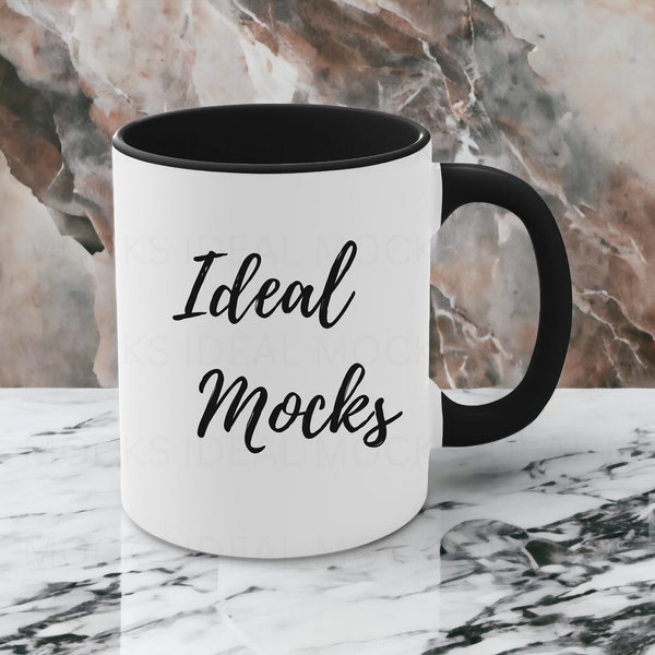 11oz Black Accent Coffee Mug Mockup White Mug with Blue Handle Blank Ceramic Coffee Cup Mock up