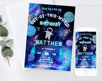 Editable Astronaut Birthday Invitation Template | Space Party Digital Download | Galaxy Blast Invitation | Out of This World Invitation