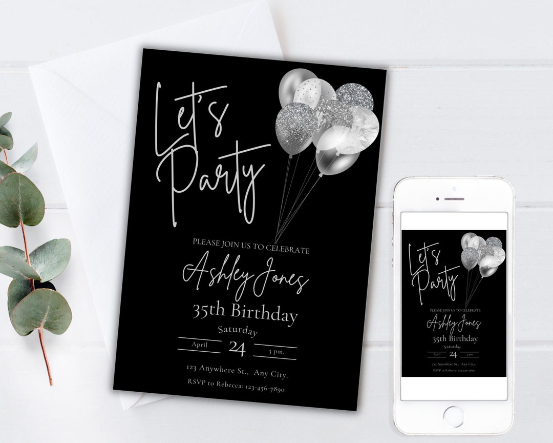 Editable Black and Silver Birthday Invitation 50th 37th 21st Etsy
