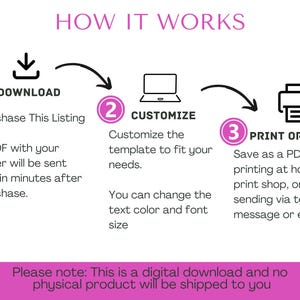May include: A pink and white infographic with three steps for customizing and printing a digital download. The steps are: 1. Download, 2. Customize, and 3. Print or Send. The text says "Please note: This is a digital download and no physical product will be shipped to you."