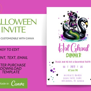 May include: A printable Halloween party invitation featuring a skeleton mermaid riding a black inflatable swan. The invitation is titled "Hot Ghoul Summer" and includes the date, time, and location of the party.