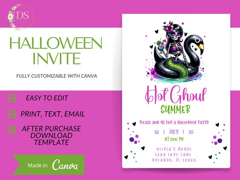 May include: A printable Halloween party invitation featuring a skeleton mermaid riding a black inflatable swan. The invitation is titled "Hot Ghoul Summer" and includes the date, time, and location of the party.