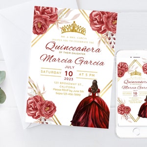 Rote Blumen Quinceanera Einladung Vorlage, bearbeitbare Quinceanera Einladungen, rote Einladungen für Quinceanera, Quinceaneras Einladungen, Quitte