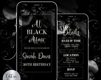 Editable all black affair invitation Template Black Birthday Invite Black Party Invite 30th & 60th invitation black silver Digital Download