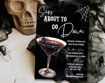 Adult Halloween Party Invitation, Sips About To Go Down, Booze and Boos Halloween Cocktail Party Invitation, Halloween Costume Party Invite
