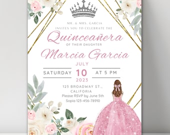 Rosa Blumen Quinceanera Einladungsvorlage, bearbeitbare Canva Quince Invite, Sweet 15 Einladung, digitaler Download