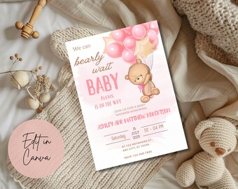 Convite do chá de fraldas do urso de peluche Bebé | Modelo de convite de chá de fraldas do urso da menina | Convite Editável do Urso | Podemos esperar