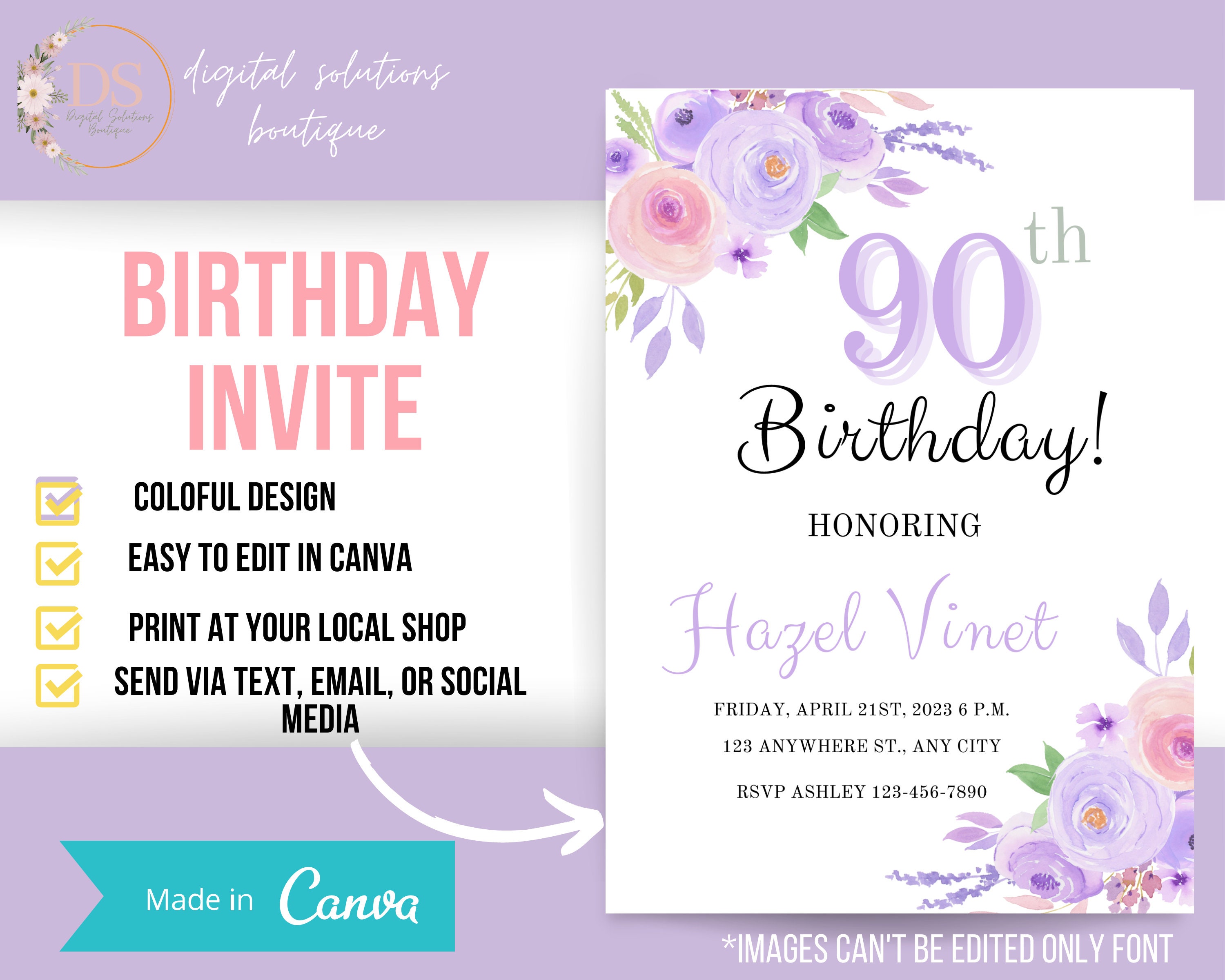 90th Birthday Invitation, 90th Birthday Woman, 90th Birthday Invite ...