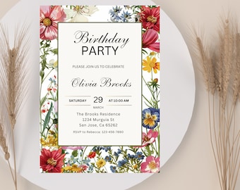Flower Birthday Invitation Wildflower Birthday invite Floral Woman's Birthday invite  Wildflower Birthday Party Invitation digital template