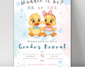 Waddle It Be Gender Reveal Invitation Duck Theme He or She Editable Canva Template