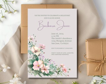 Floral 90th Birthday Invitation for Woman, 90th Birthday Invite, 90th birthday card printable, 90th birthday editable template, ninetieth