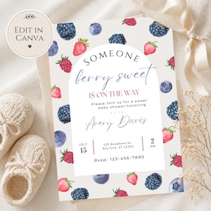 Berry Sweet Baby Shower Invitation Template, Mixed Berry Fruit Invite, Summer Gender Neutral Baby Shower, Canva Editable