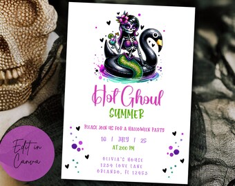 Hot Ghouls Summer Halloween Pool Party Invitation summerween party invite Tropical Beach Halloween Summer Party Hot Goth Summer Editable