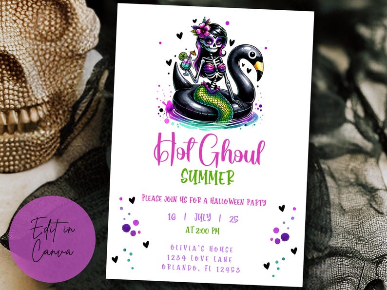 May include: A Halloween party invitation with a pink and green color scheme. The invitation features a skeleton mermaid riding a black swan float. The text reads "Hot Ghoul Summer" and includes the date, time, and location of the party.