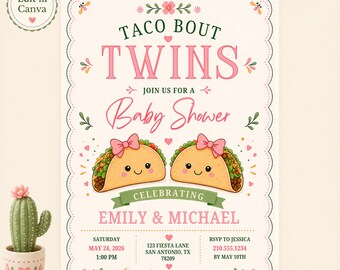May include: A baby shower invitation with a whimsical design. The text reads "Taco Bout Twins" in pink, with two cartoon tacos. Details include the date, time, location, and RSVP information. The invitation is decorated with floral accents and the text "Edit in Canva".