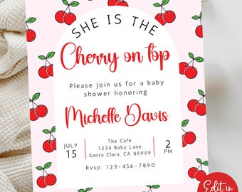 Invitación para baby shower con diseño de cerezas. Plantilla de Canva para baby shower de niña.