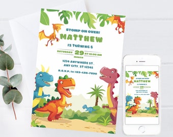 Dinosaurier-Geburtstagseinladung Junge, süße Dino-Party einladen, Kleinkind Dinosaurier einladen, bearbeitbare Vorlage, digitaler Download