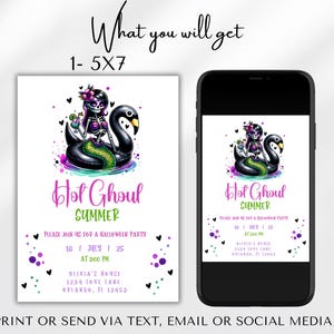 May include: A printable invitation for a Halloween party. The invitation features a skeleton mermaid riding a black swan with a pink, green, and purple color scheme. The text on the invitation reads "Hot Ghoul Summer" and includes the date, time, and location of the party.