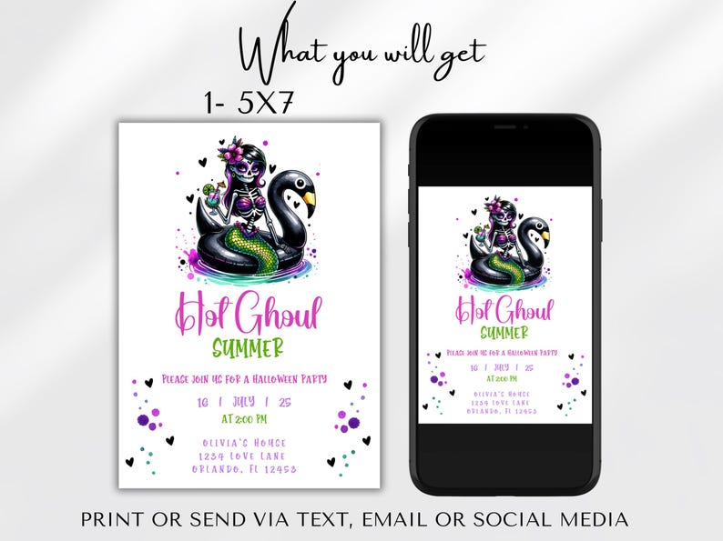 May include: A printable invitation for a Halloween party. The invitation features a skeleton mermaid riding a black swan with a pink, green, and purple color scheme. The text on the invitation reads "Hot Ghoul Summer" and includes the date, time, and location of the party.