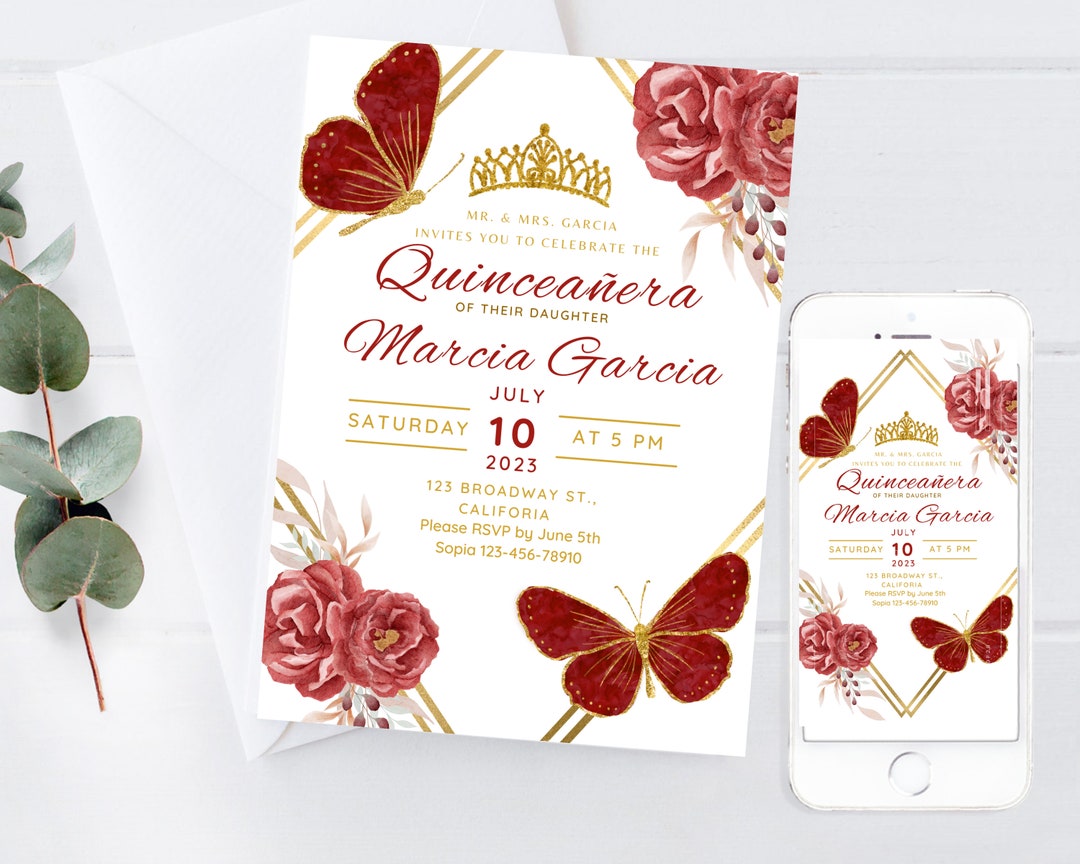 Red Floral Quinceanera Invitation Template,editable Quinceanera