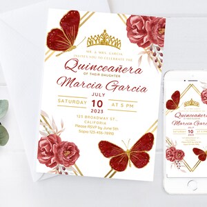 Rote Blumen Quinceanera Einladungsvorlage,bearbeitbare Quinceanera Einladungen,rote Einladungen für Quinceanera,Quinceanera Einladungen,Quitte