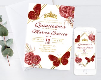May include: A Quinceañera invitation with a white background, featuring burgundy roses, butterflies, and gold geometric accents. The invitation includes the text "Mr. & Mrs. Garcia invites you to celebrate the Quinceañera of their daughter Marcia Garcia."