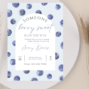 Berry Sweet blueberry Baby Shower Invitation editable template for baby boy, berry sweet baby on the way shower invite, digital baby shower