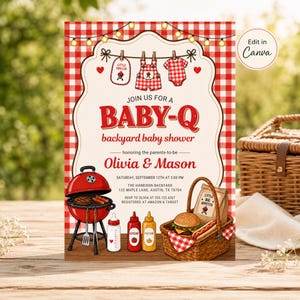 May include: Baby-Q backyard baby shower invitation with a red and white gingham pattern. The invitation features a barbecue grill, baby clothes, and a picnic basket with a hamburger and hot dog. The text says "Join us for a Baby-Q."
