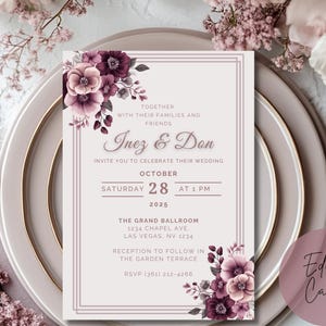 Bearbeitbare Mauve Hochzeitseinladung Vorlage Dusty Rose Hochzeit einladen Blush Hochzeitseinladung Digital Download Blumenhochzeit Printable