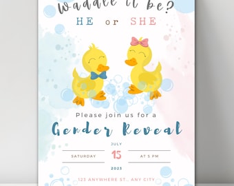 Waddle It Be Duck Gender Reveal Invitation He or She What Will It Be Editable Canva Template Digital Download