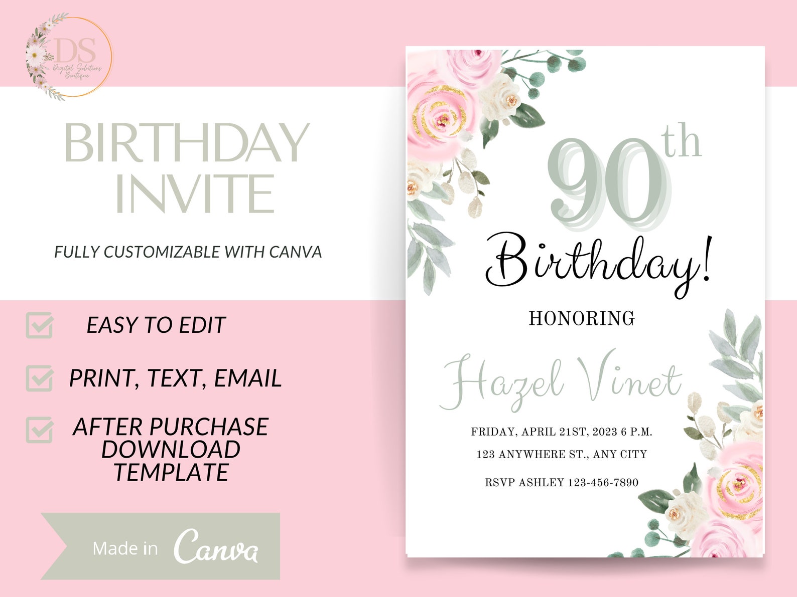 90th Birthday Invitation, 90th Birthday Woman, 90th Birthday Invite ...