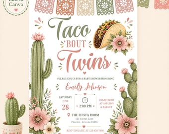 May include: A baby shower invitation with a watercolor design. The invitation features the text "Taco 'Bout Twins" with a taco illustration. The design includes cacti, pink flowers, and decorative banners. Details include the date, time, and location.