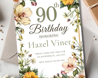 Modèle d'Invitation 90e anniversaire, toile d'invitation modifiable, invitation d'anniversaire florale élégante, invitation à une fête 90e imprimable, tout âge