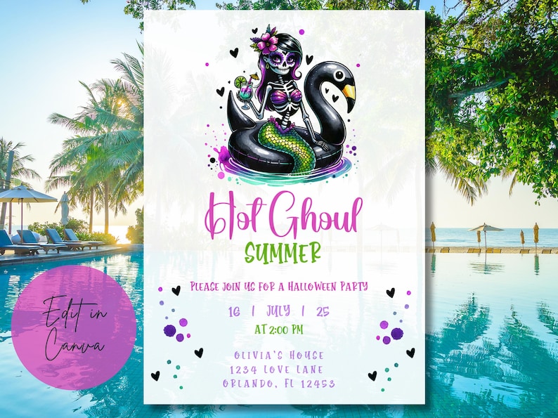 May include: Invitation to a "Hot Ghoul Summer" Halloween party on July 16th at 2:00 PM. The invitation features a cartoon image of a skeleton mermaid riding a black inflatable swan. The text is in pink, black, and green.