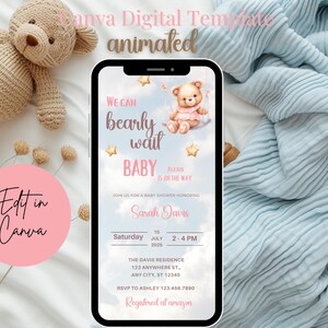 Can Bearly Wait Baby Shower Animated Invitation baby shower invitation bear theme Girl Teddy Bear Invite Evite baby Shower Video Invitation