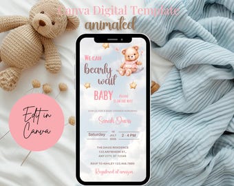 Can Bearly Wait Baby Shower Animated Invitation baby shower invitation bear theme Girl Teddy Bear Invite Evite baby Shower Video Invitation