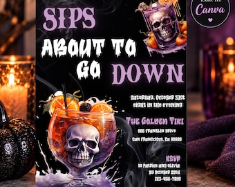Puede incluir: Un folleto de invitación para una fiesta de Halloween negro con el texto SIPS ABOUT TO GO DOWN en morado y blanco. El diseño incluye dos copas de cóctel con motivos de calaveras, rodajas de naranja y cerezas, rodeadas de humo gris.