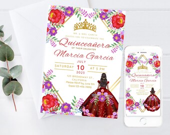Colorful Quinceañera Invitation | Editable Floral 15th Birthday Invitation Template | Sweet 15 Invite | Printable Quinceañera Party Invite