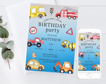 Transportation Themed Birthday Invitation - Editable Digital Template for Trucks and Cars Birthday Party